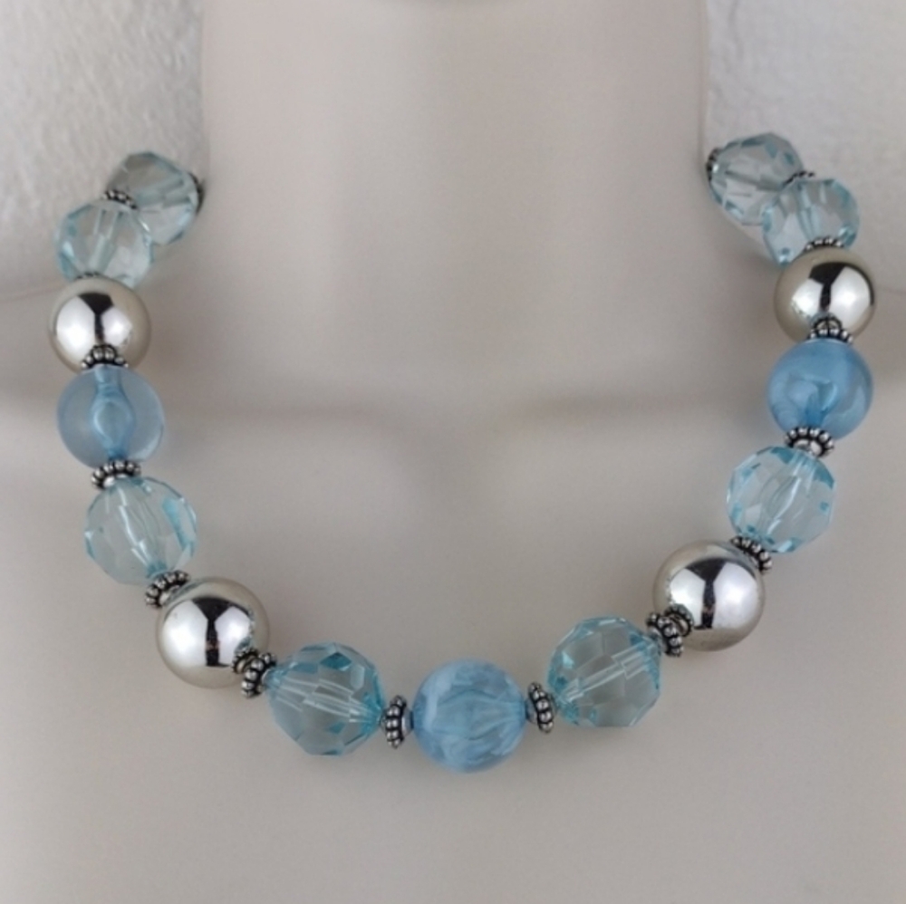 Sky Blue Faceted Crystal Like & Silver Beaded Princess Necklace